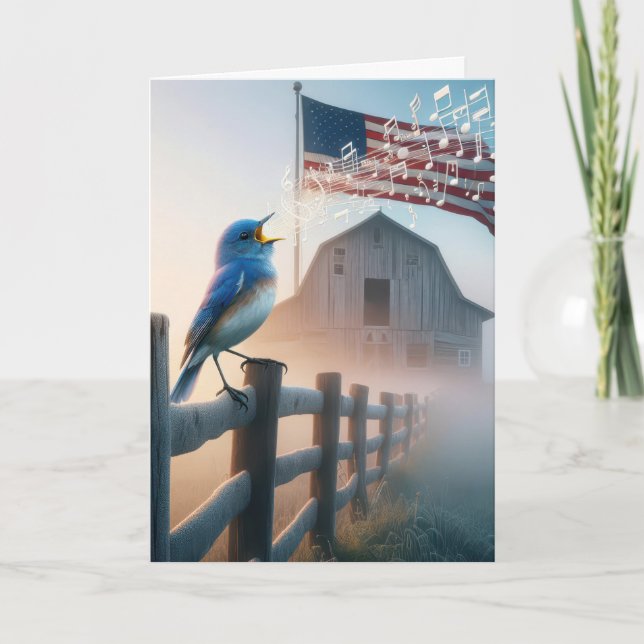 Birthday Bluebird Singing With American Flag Card (Front)