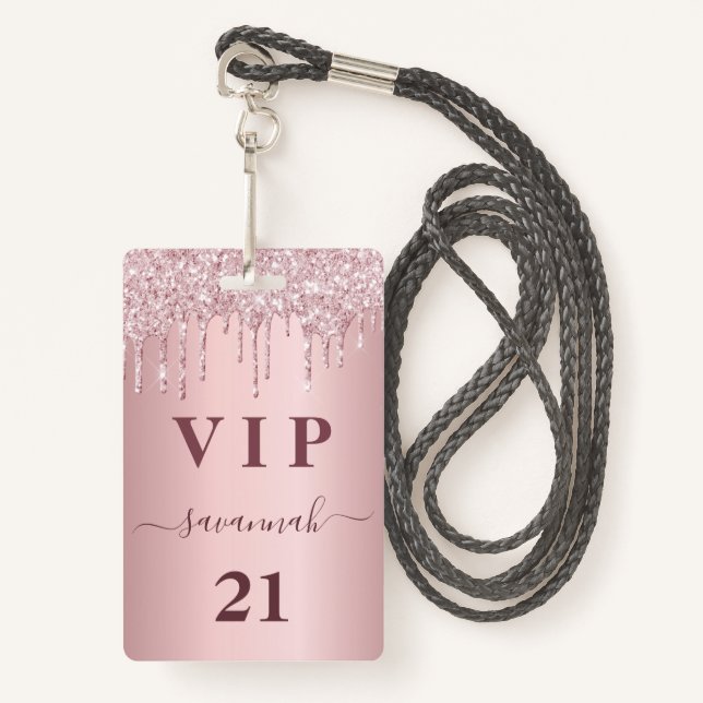 Birthday blush pink drips name vip pass badge (Front with Lanyard)