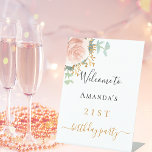 Birthday blush pink floral eucalyptus welcome pedestal sign<br><div class="desc">Welcome to an elegant 21st (or any age) birthday party. A chic white background. Decorated with rose gold,  blush pink watercolored floral,  rose and green eucalyptus leaves,  sprigs,  greenery,  faux gold leaves. Personalize and add a name and age 21.  Black and golden letters.</div>