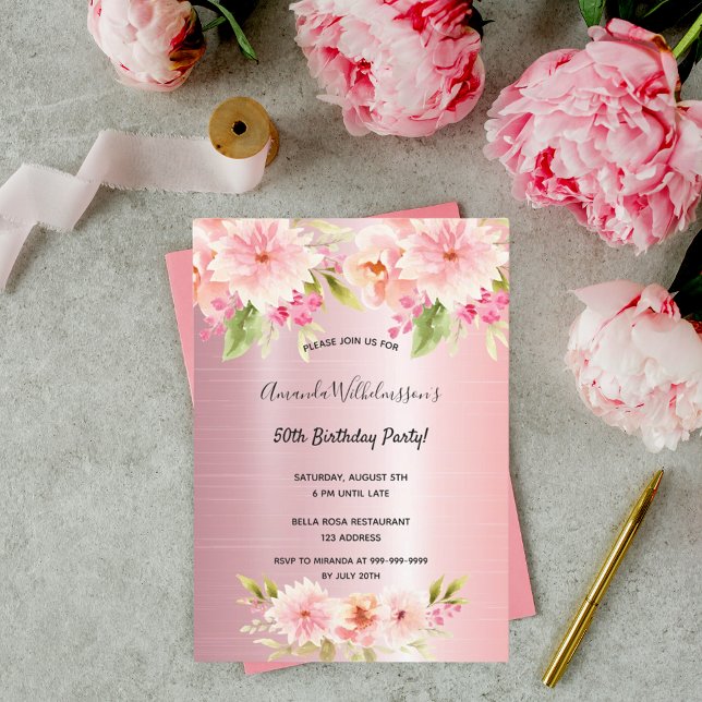 Birthday blush pink florals elegant invitation (Creator Uploaded)