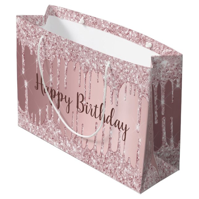 Birthday blush pink glitter drips glamourous large gift bag (Back Angled)