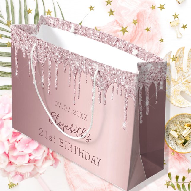 Birthday blush pink glitter drips monogram name large gift bag (Creator Uploaded)