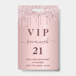 Birthday blush pink glitter drips name vip  badge