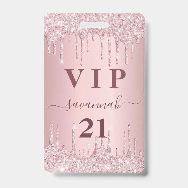Birthday blush pink glitter drips vip invitation badge (Front)