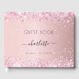 Birthday blush pink glitter dust monogram guest book