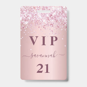 Birthday blush pink glitter dust name vip badge