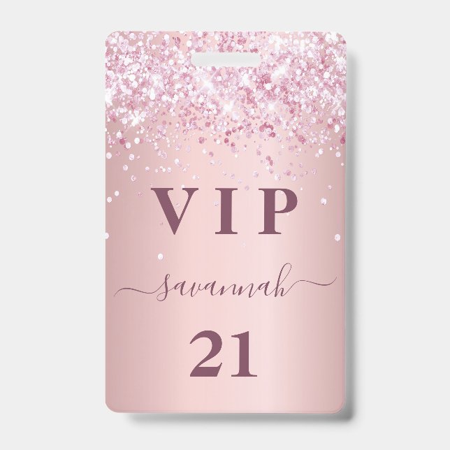 Birthday blush pink glitter dust name vip badge (Front)