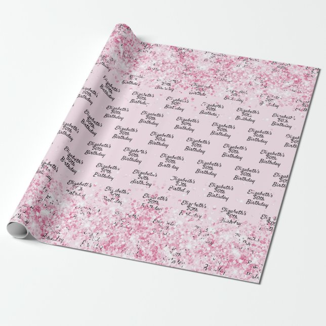 Birthday blush pink glitter name wrapping paper (Unrolled)