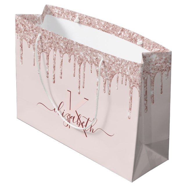 Birthday blush pink glitter rose gold monogram large gift bag (Back Angled)