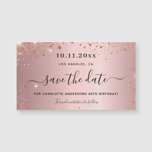 Birthday blush pink glitter save the date magnet (Front)