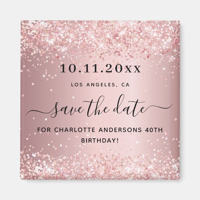 Birthday blush pink glitter save the date magnet (Front)