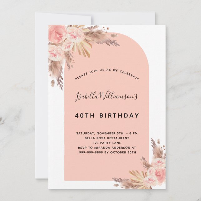 Birthday blush pink pampas grass rose gold invitation (Front)