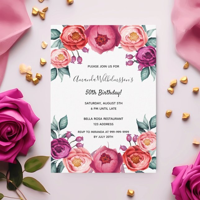 Birthday blush pink purple rose gold floral invitation (Creator Uploaded)