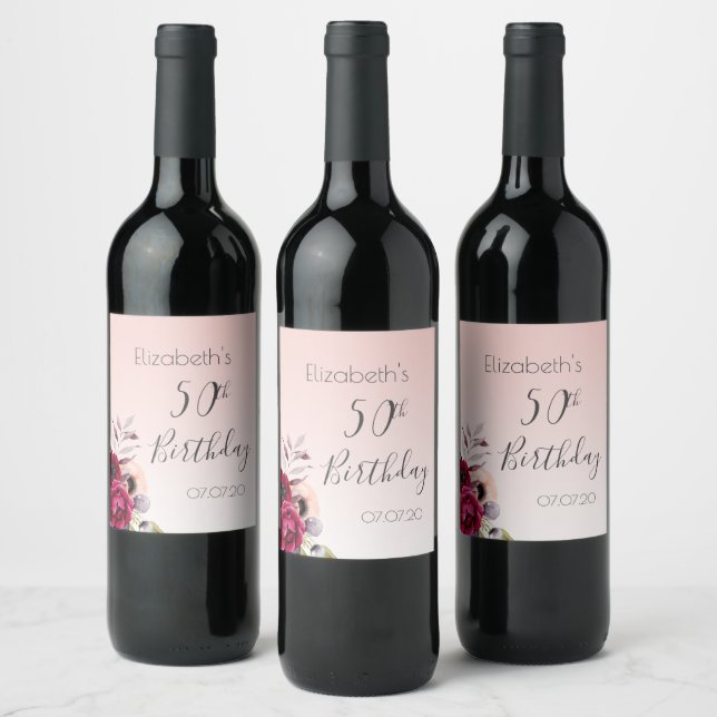 Birthday blush pink rose gold floral wine label (Bottles)