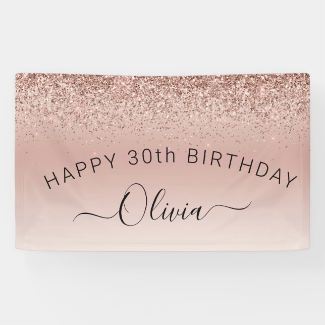 Birthday Blush Pink Rose Gold Glitter Girly Banner (Horizontal)
