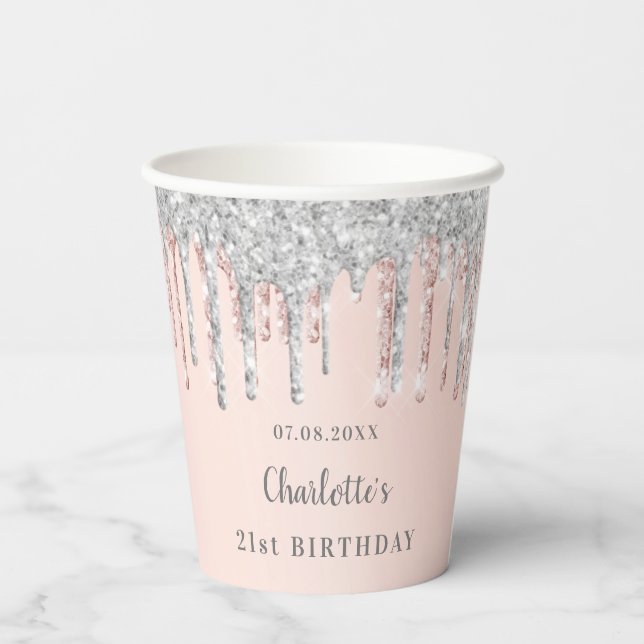 Birthday blush pink silver glitter drips paper cups (Back)
