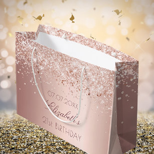 Birthday blush rose gold glitter dust name large gift bag
