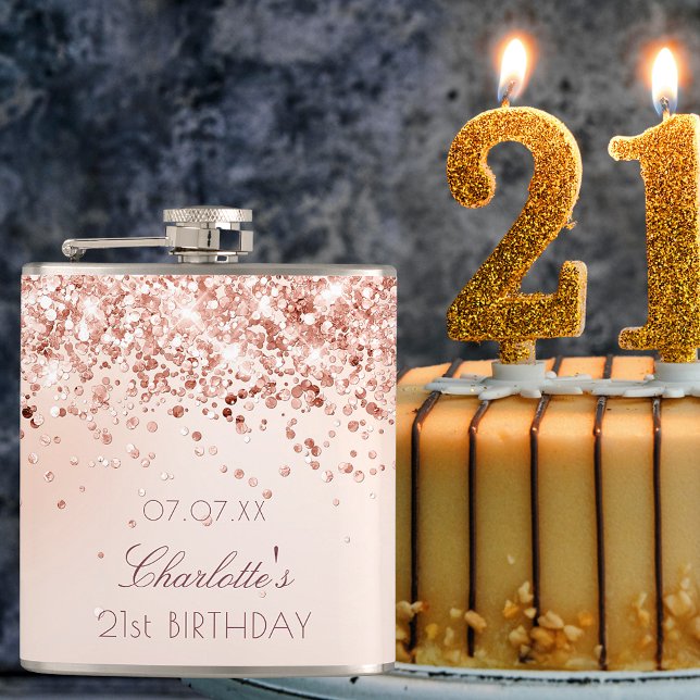 Birthday blush rose gold glitter monogram hip flask (Creator Uploaded)