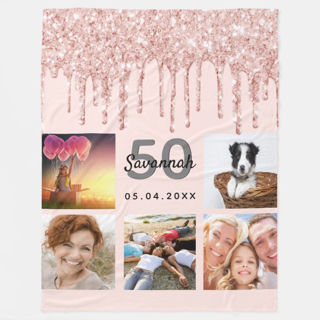 Birthday blush rose gold glitter photo collage fleece blanket (Front)