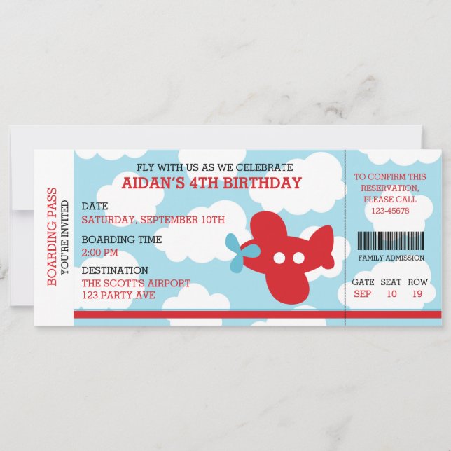 Birthday Boarding Pass Ticket (Red Blue) Airplane Invitation (Front)