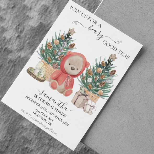 Birthday Boho Teddy Bear Christmas  Invitation (Creator Uploaded)