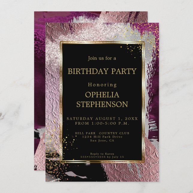 Birthday | Bold Faux Metallic Cassis Brush Stroke Invitation (Front/Back)