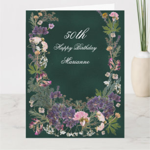 Birthday Botanical Floral on Moody Forest Green Card