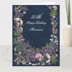 Birthday Botanical Floral on Moody Navy Blue Card