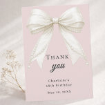 Birthday bow dusty blush pink ivory pearls thank you card<br><div class="desc">A modern and elegant birthday thank you card (any age)  A dusty blush pink background,  decorated with a large ivory colored bow with pearls.  On the front the text: Thank You,  name,  and a date. 
Back: Template for Your thank you note and name.</div>