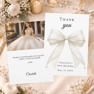 Birthday bow ivory pearls photo thank you card