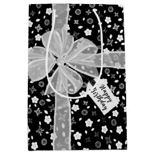 Birthday Bow On Floral Print Medium Gift Bag