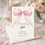 Birthday bow pink ivory pearls elegant thank you card<br><div class="desc">A modern and elegant birthday thank you card. (any age) A soft ivory,  cream colored background,  decorated with a large pink colored bow with pearls.  On the front the text: Thank You,  name,  and a date. 
Back: Template for Your thank you note and name.</div>