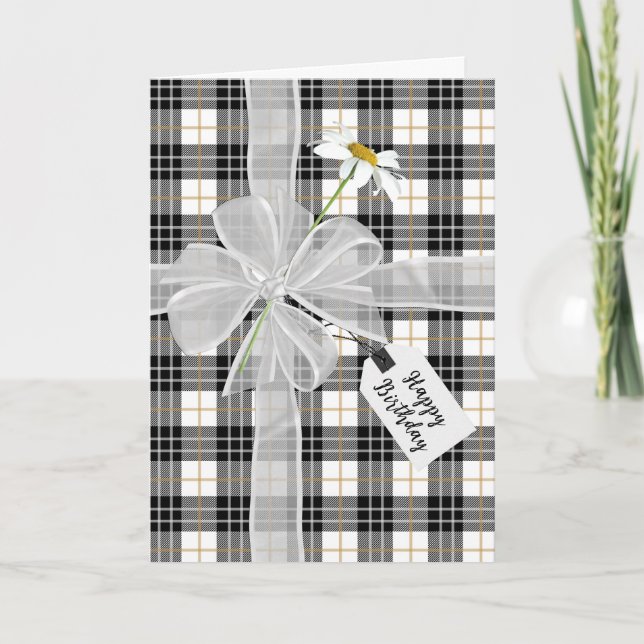 Birthday Bow with Daisies On Tartan Plaid  Card (Front)
