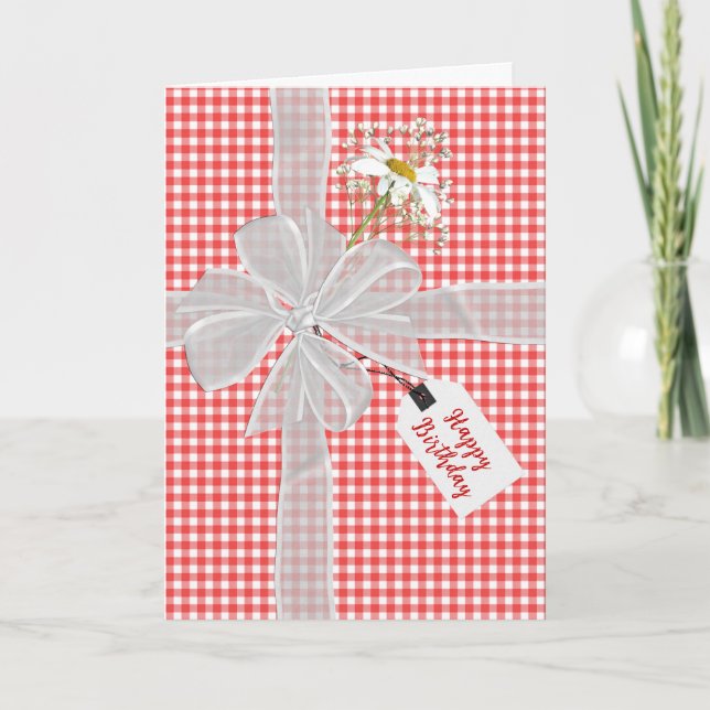 Birthday Bow with Daisy On Gingham Card (Front)