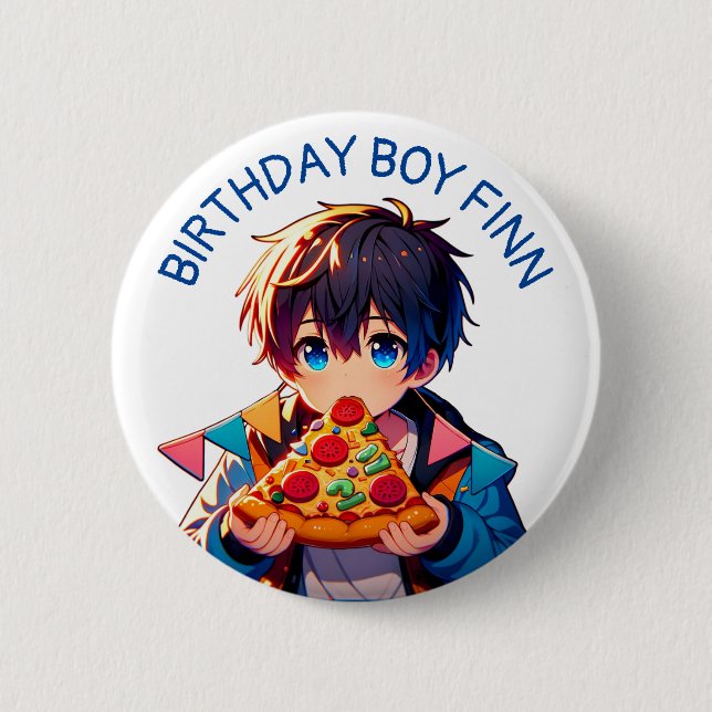 Birthday Boy  | Anime Boy's Pizza Party 2 Inch Round Button (Front)