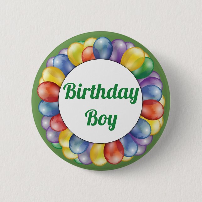 Birthday Boy Balloons Button Blue Yellow Green (Front)