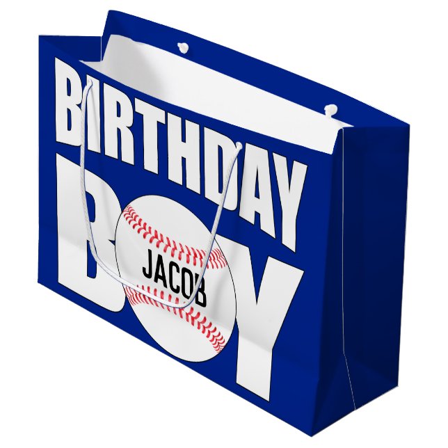 Birthday Boy Baseball Player Party Custom Name Large Gift Bag (Front Angled)