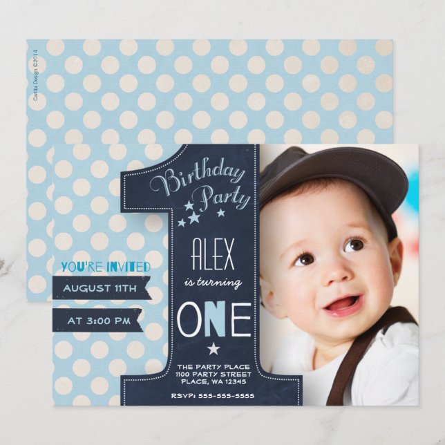 Birthday boy chalkboard One First Invitation (Front/Back)