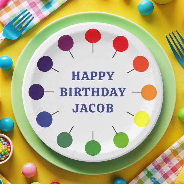 Birthday Boy Colourful Lollipop Kids Paper Plate (Happy Birthday! A fun lollipop edged paper plate with space for the Birthday Boy's Name (or girl))
