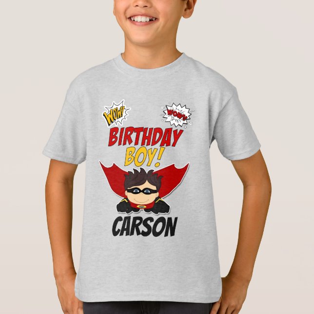 Birthday Boy Comic Book Superhero with Name T-Shirt (Front)