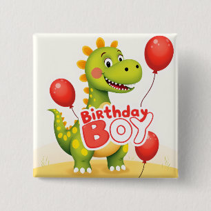Birthday Boy Cute Dinosaur with Red Balloons 2 Inch Square Button