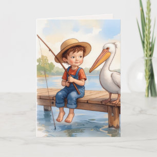 Birthday Boy Fishing On a Dock With a Pelican Card