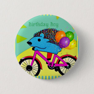 Birthday Boy Hedgehog Riding Bicycle Balloons    2 Inch Round Button