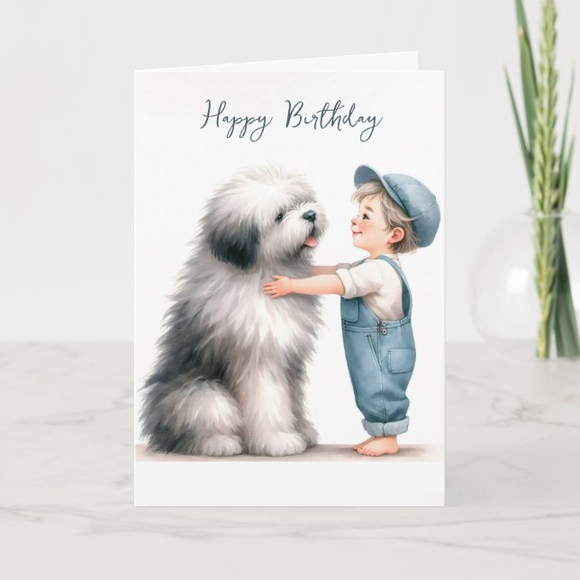 Birthday Boy Hugging Dog Watercolor Card (Front)