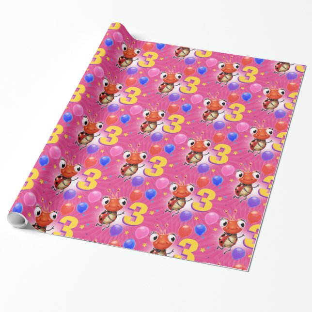 Birthday Boy or Girl age 3 Ladybug wrapping paper. Wrapping Paper (Unrolled)