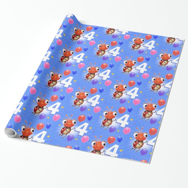 Birthday Boy or Girl age 4 Ladybug wrapping paper. Paper (Unrolled)