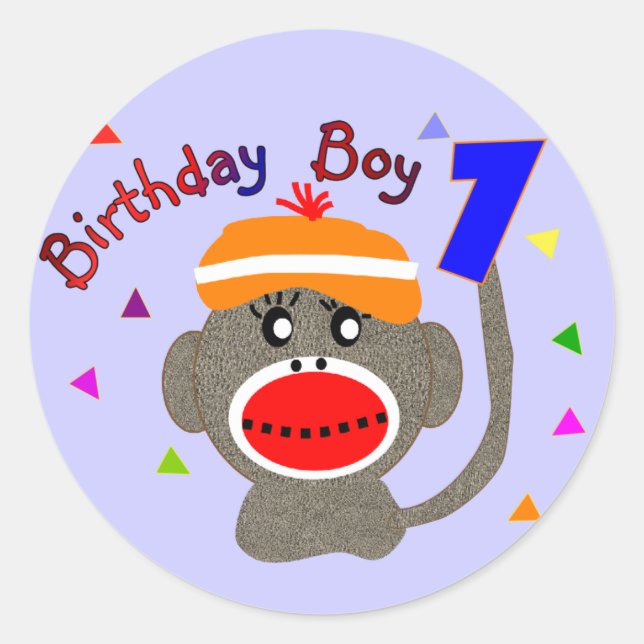 Birthday BOY Sock monkey 1 year old Classic Round Sticker (Front)