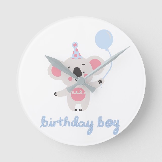 Birthday Boy Teddy Bear Holding A Balloon Round Clock (Front)