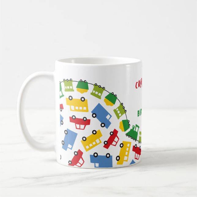 Birthday Boy Toys Colourful Cars Trains Bus Trucks Coffee Mug (Left)