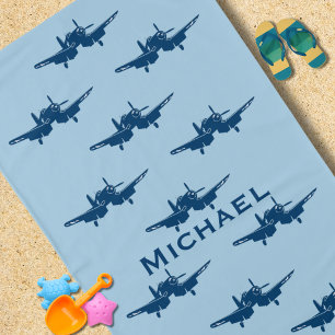 Birthday Boy Vintage Airplane Corsair Blue Beach Towel